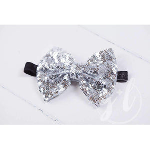 Two-in-One Sequined Bow Headband & Belt, Silver Bow on Black Band - Grace and Lucille