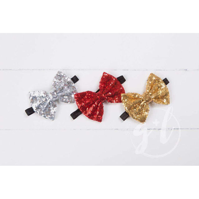 Two-in-One Sequined Bow Headband & Belt, Silver Bow on Black Band - Grace and Lucille