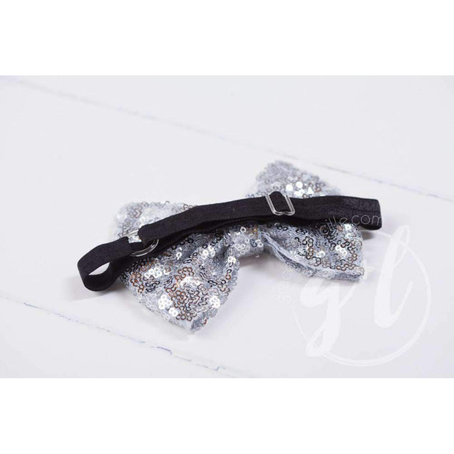 Two-in-One Sequined Bow Headband & Belt, Silver Bow on Black Band - Grace and Lucille