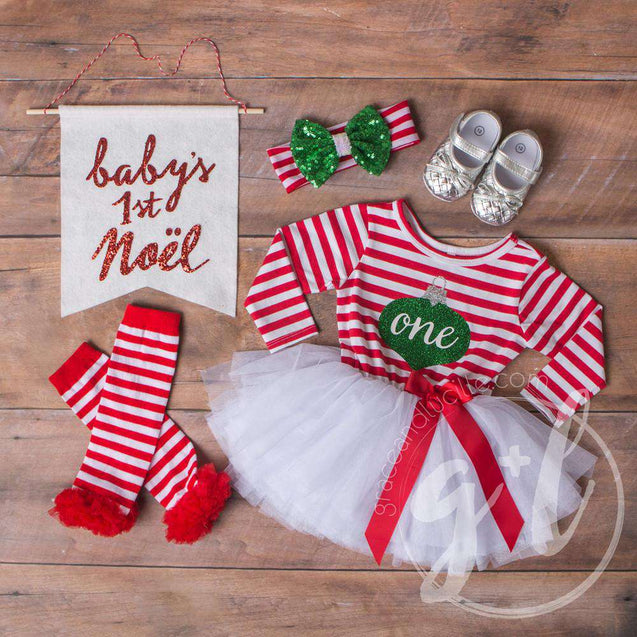 Christmas Ornament Birthday Dress "HER AGE" Red Striped Long Sleeves - Grace and Lucille