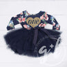 Second Birthday Dress Heart of Gold with "TWO" on Navy Floral Long Sleeves - Grace and Lucille