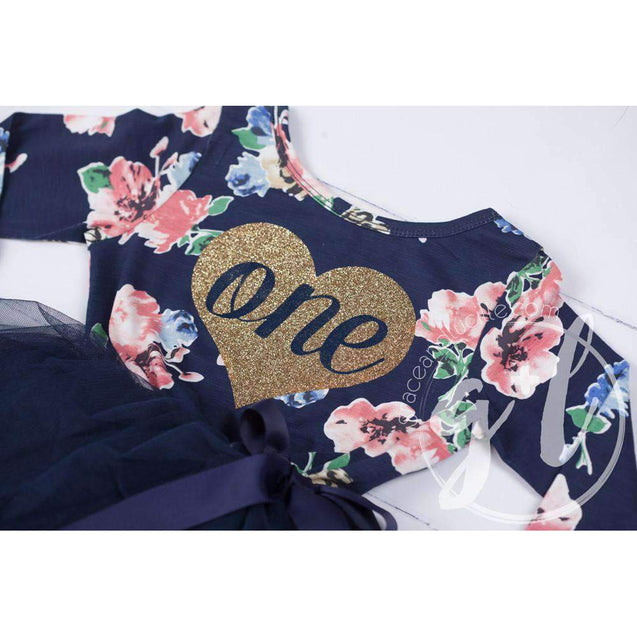 Second Birthday Dress Heart of Gold with "TWO" on Navy Floral Long Sleeves - Grace and Lucille