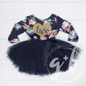 Second Birthday Dress Heart of Gold with "TWO" on Navy Floral Long Sleeves - Grace and Lucille