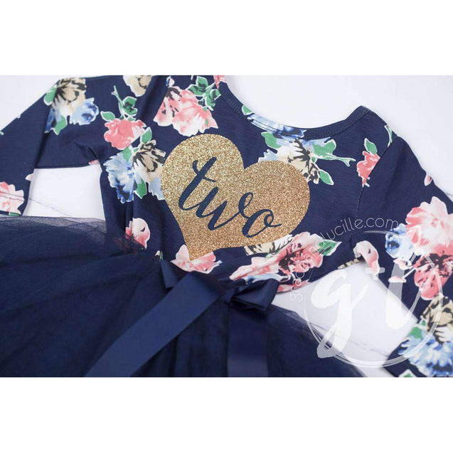 Birthday Dress Heart of Gold with her AGE on Navy Floral Long Sleeves - Grace and Lucille