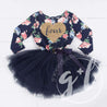 Fourth Birthday Dress Heart of Gold with "FOUR" on Navy Floral Long Sleeves - Grace and Lucille