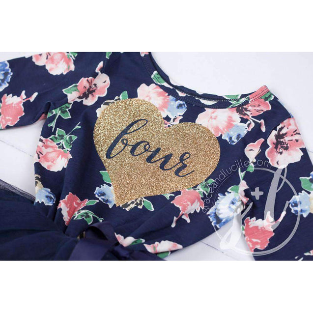 Fourth Birthday Dress Heart of Gold with "FOUR" on Navy Floral Long Sleeves - Grace and Lucille