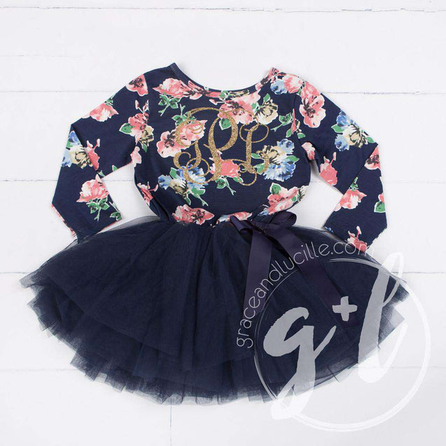 Fourth Birthday Dress Heart of Gold with "FOUR" on Navy Floral Long Sleeves - Grace and Lucille