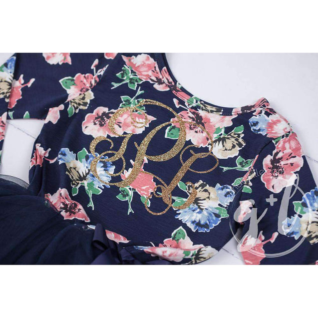 Grand Monogram Dress with Gold Initials on Navy Floral Long Sleeves - Grace and Lucille