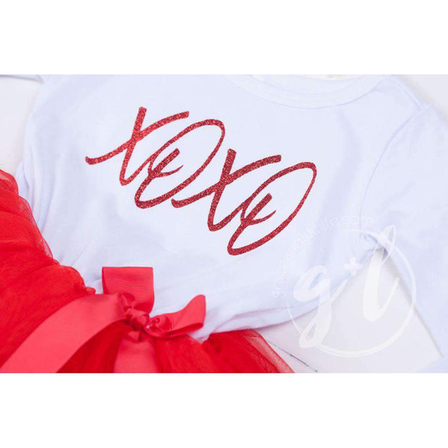 Hugs & Kisses Valentine's Day Dress Combo Red Tutu, White Long Sleeves - Grace and Lucille