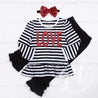 All My LOVE Ruffled Hem Striped Top, Black Ruffled Hem Leggings Outfit & Red Bow Headband - Grace and Lucille