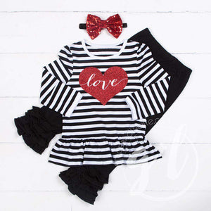 Heart Full of LOVE Ruffled Hem Striped Top, Black Ruffled Hem Leggings Outfit & Red Bow Headband - Grace and Lucille