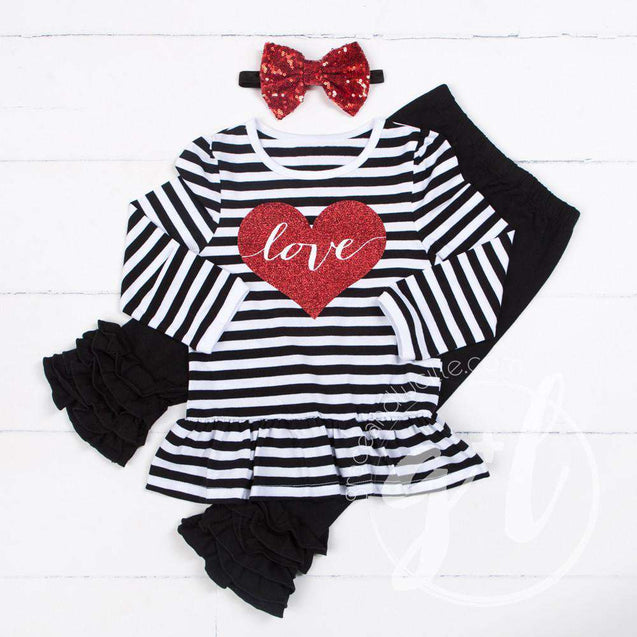 Heart Full of LOVE Ruffled Hem Striped Top, Black Ruffled Hem Leggings Outfit & Red Bow Headband - Grace and Lucille