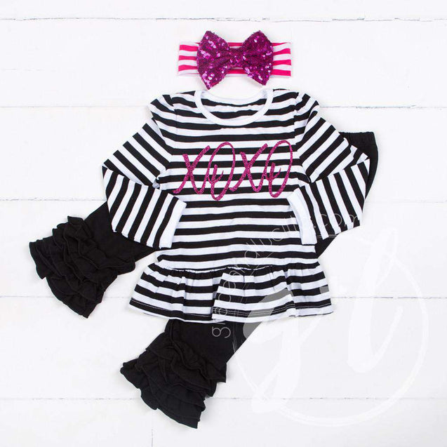 Hugs & Kisses Ruffle Hem Peplum Top & Leggings Outfit , Black Stripe, Black Ruffled Hem Leggings - Grace and Lucille