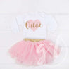 My Sweet Heart "NAME" Onesie Pink & Gold Combo Outfit, Pink Tutu, Pink Heart Leg Warmers - Grace and Lucille
