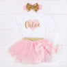My Sweet Heart "NAME" Onesie Pink & Gold Combo Outfit, Pink Tutu, Pink Heart Leg Warmers - Grace and Lucille