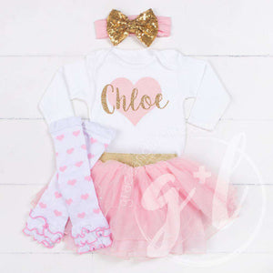 My Sweet Heart "NAME" Onesie Pink & Gold Combo Outfit, Pink Tutu, Pink Heart Leg Warmers - Grace and Lucille