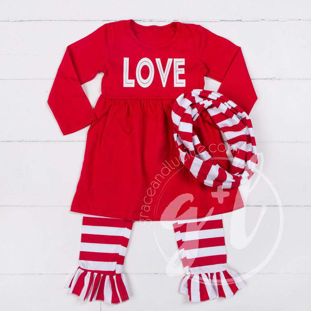 All My LOVE Red Empire Waist Tunic Dress, Striped Scarf & Leggings Outfit - Grace and Lucille