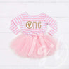 Scalloped Heart Birthday Dress "ONE" Pink Stripe Long Sleeve, White Leg Warmers & Gold Headband - Grace and Lucille