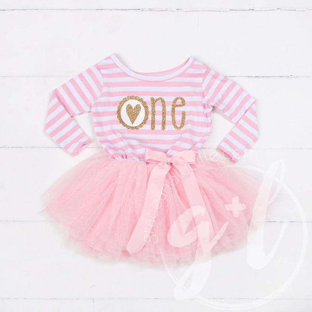 Scalloped Heart Birthday Dress Outfit "ONE" Pink Striped Long Sleeves, Ruffled Pink Heart Leg Warmer - Grace and Lucille