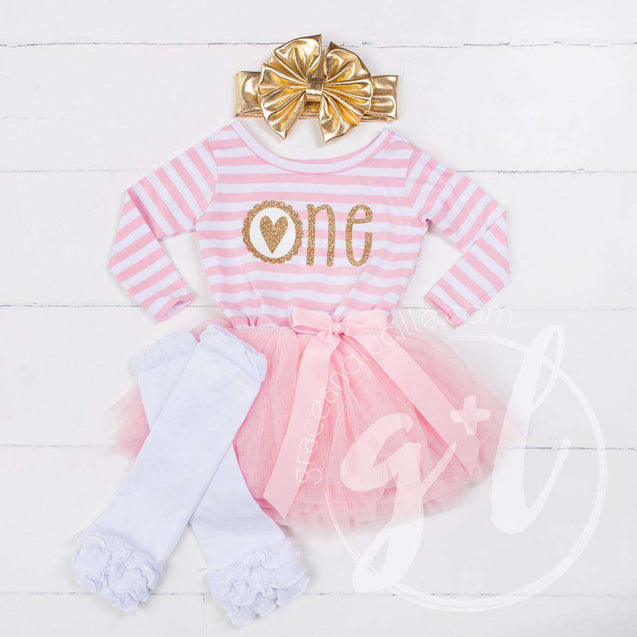 Scalloped Heart Birthday Dress "ONE" Pink Stripe Long Sleeve, White Leg Warmers & Gold Headband - Grace and Lucille