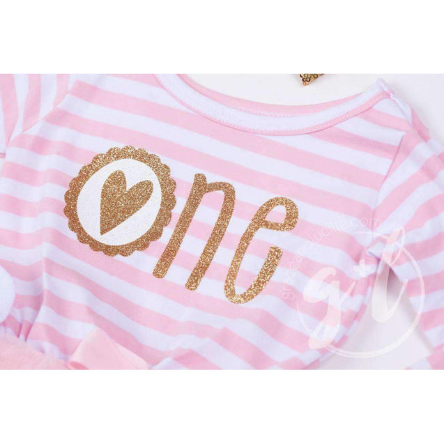 Scalloped Heart Birthday Dress Outfit "ONE" Pink Striped Long Sleeves, Ruffled Pink Heart Leg Warmer - Grace and Lucille