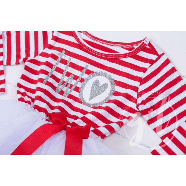 Scalloped Heart Birthday Dress Outfit "TWO" Red Striped Long Sleeves - Grace and Lucille