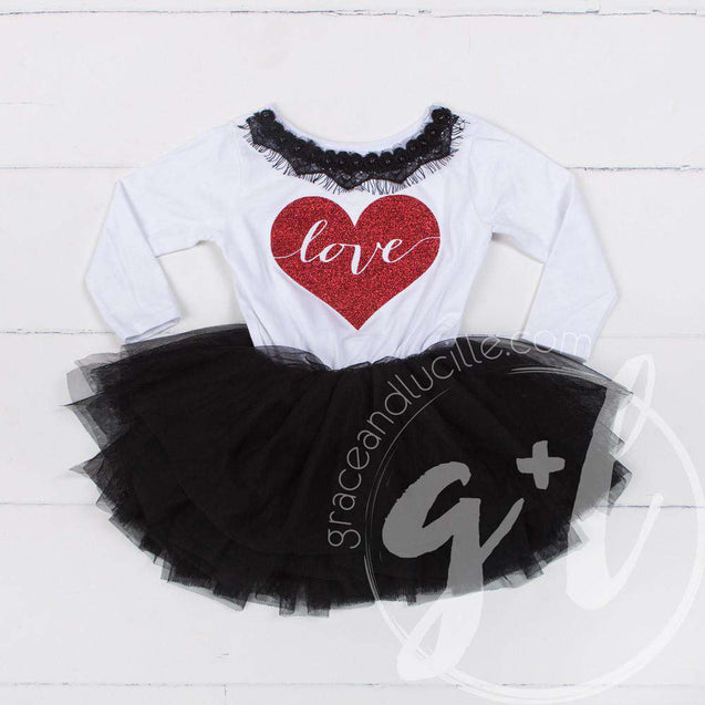 Heart Full of LOVE Bejeweled Black & White Dress Combo, Chevron Leg Warmers & White/Red Bow Headband - Grace and Lucille