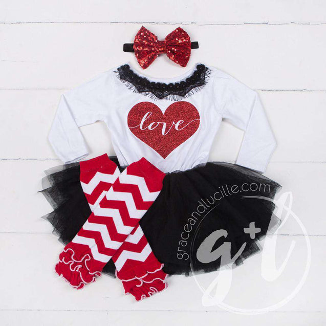 Heart Full of LOVE Bejeweled Black & White Dress Combo, Chevron Leg Warmers & White/Red Bow Headband - Grace and Lucille