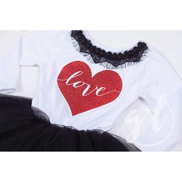 Heart Full of LOVE Bejeweled Black & White Dress Combo, Chevron Leg Warmers & White/Red Bow Headband - Grace and Lucille