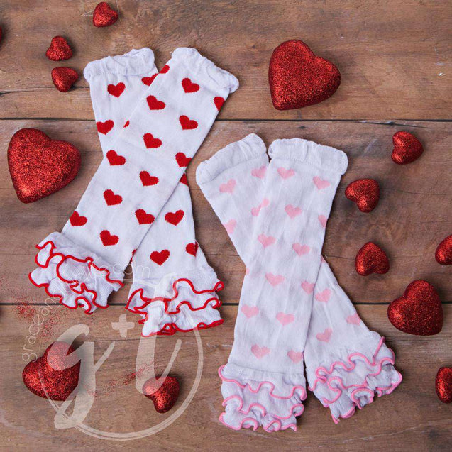 Pink & White Hearts Ruffled Hem Leg Warmers - Grace and Lucille