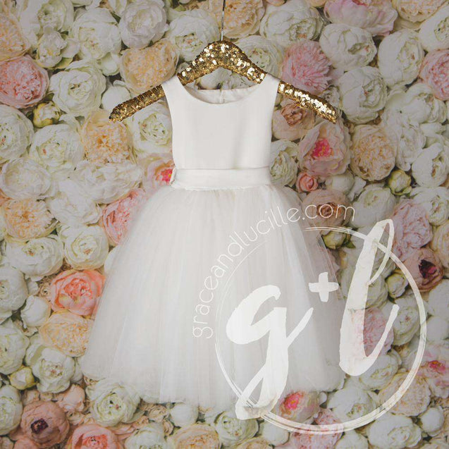Angelic Flower Girl Dress, Pearl White Matte Satin Gown, Heart Cutout Back - Grace and Lucille