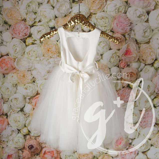 Angelic Flower Girl Dress, Pearl White Matte Satin Gown, Heart Cutout Back - Grace and Lucille