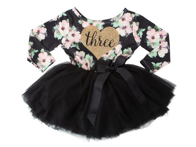 3rd Birthday Dress - Floral Heart (Long Sleeve)