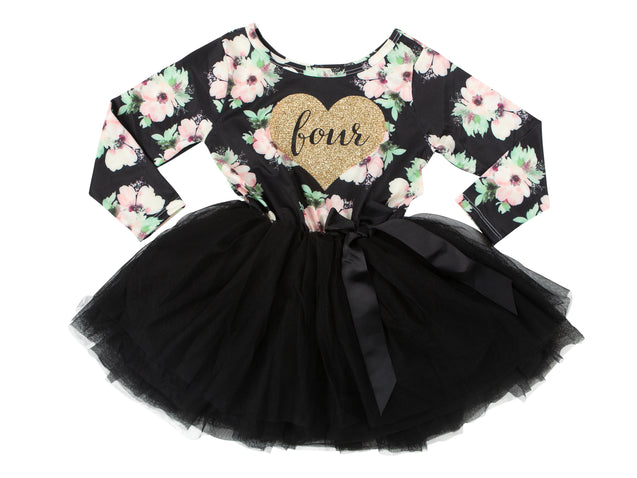 4th Birthday Dress - Floral Heart (Long Sleeve)
