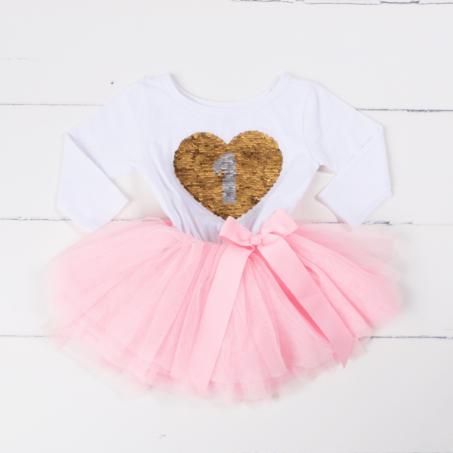 1st Birthday Outfit with FLIP Sequin Heart of Gold numeric ONE heart - Grace and Lucille