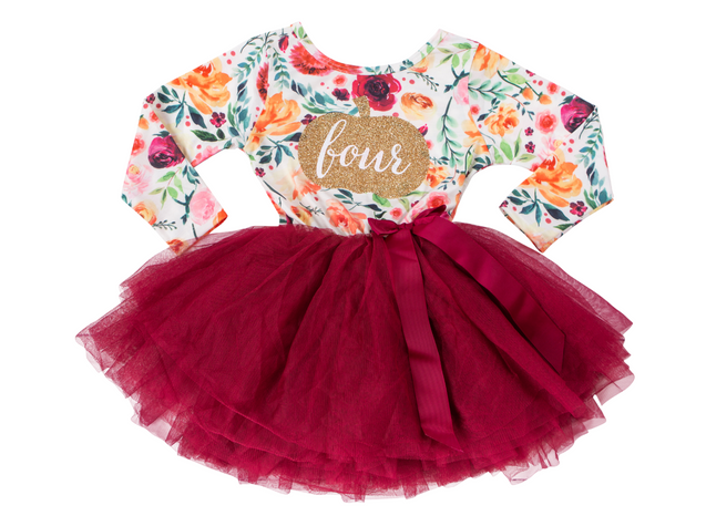 4th Birthday Dress - Floral Heart (Long Sleeve)