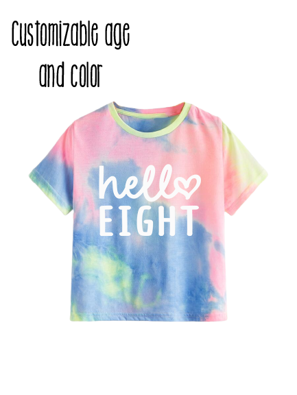 Copy of Hello Eight retro tie dye birthday shirt, ages 6-12- rainbow