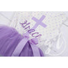 Cross Outfit with Cross & "Her Name" on Purple Polka Dot Sleeveless Dress - Grace and Lucille