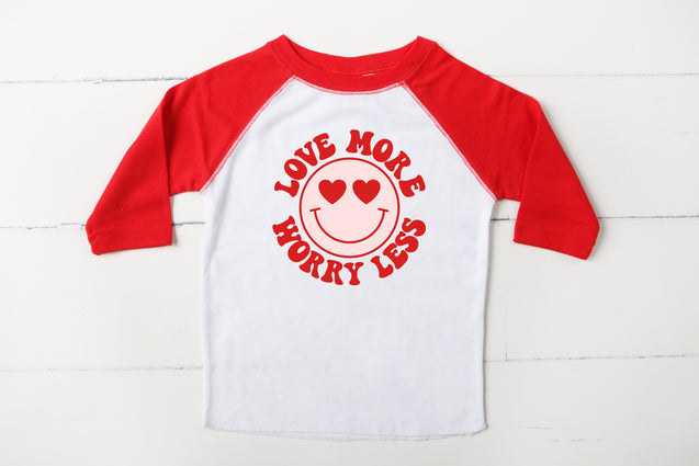 Love more worry less girls valentines retro shirt