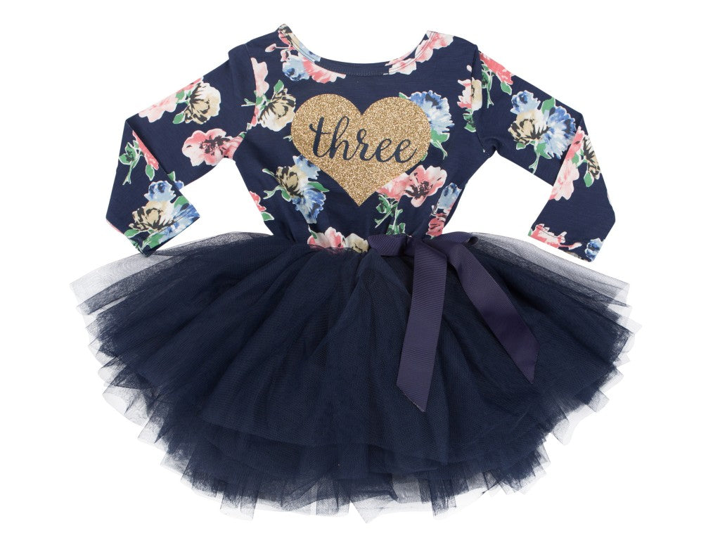 3rd Birthday Dress Floral Heart Long Sleeve Three Navy 2T