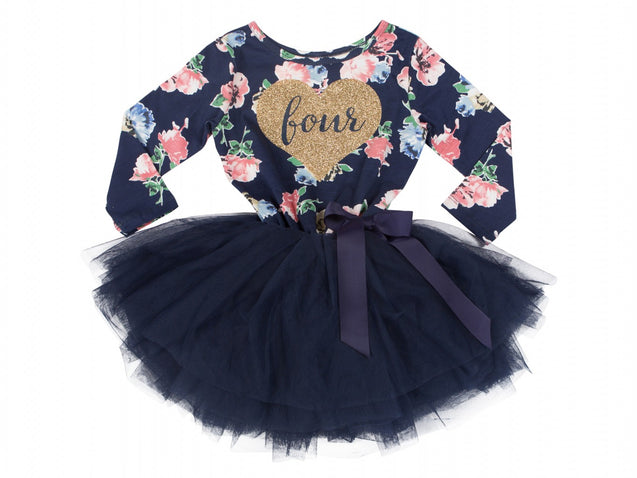 4th Birthday Dress - Floral Heart (Long Sleeve)