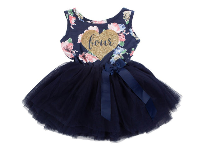 4th Birthday Dress - Floral Heart (Sleeveless)