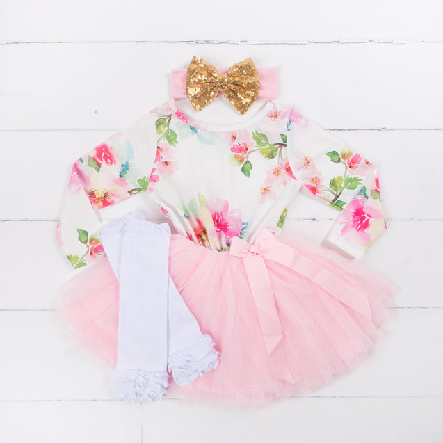 Pink Floral Long Sleeve Dress with Headband