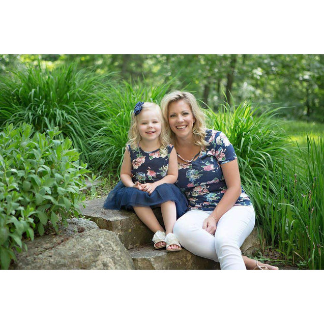 "Mommy & Me" Ladies Navy Floral Cross Neck Tee Shirt - Grace and Lucille