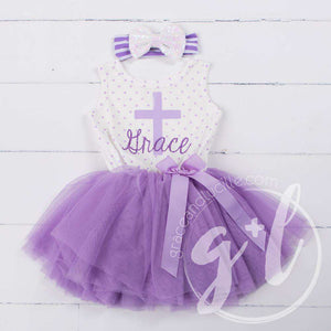 Cross Outfit with Cross & "Her Name" on Purple Polka Dot Sleeveless Dress - Grace and Lucille