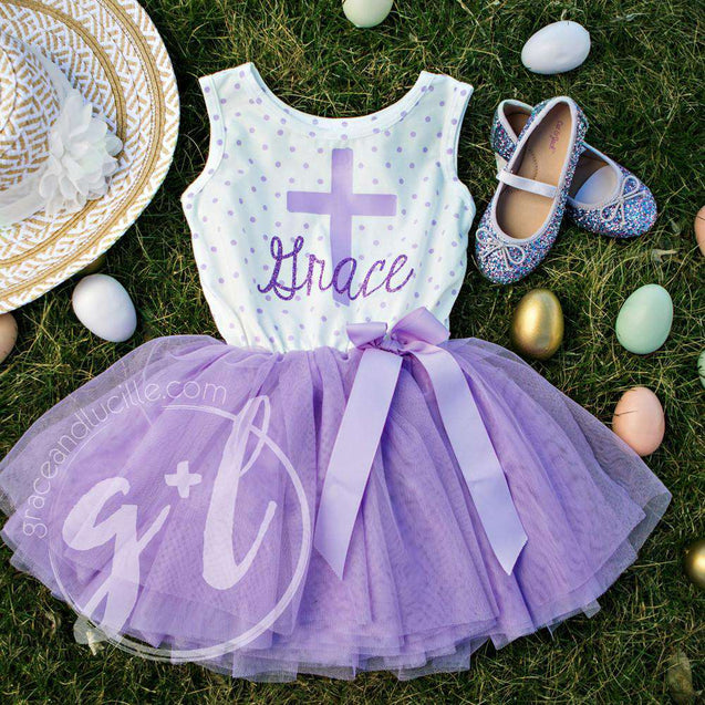 Cross Outfit with Cross & "Her Name" on Purple Polka Dot Sleeveless Dress - Grace and Lucille