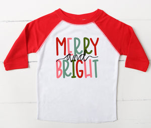 Merry and Bright Raglan Tee Shirt,  Colorful Merry and Bright Christmas shirt- girls