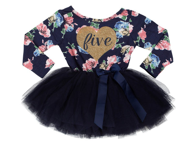 Navy Floral Heart of Gold (1st Birthday Dress - 1st Birthday Outfit)