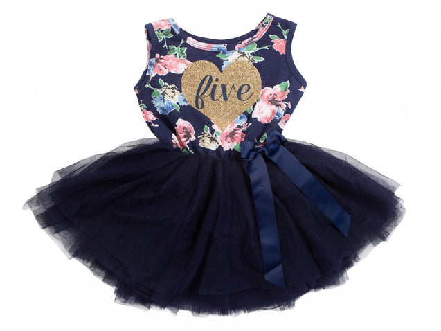 Navy Floral Heart of Gold (1st Birthday Dress - 1st Birthday Outfit)