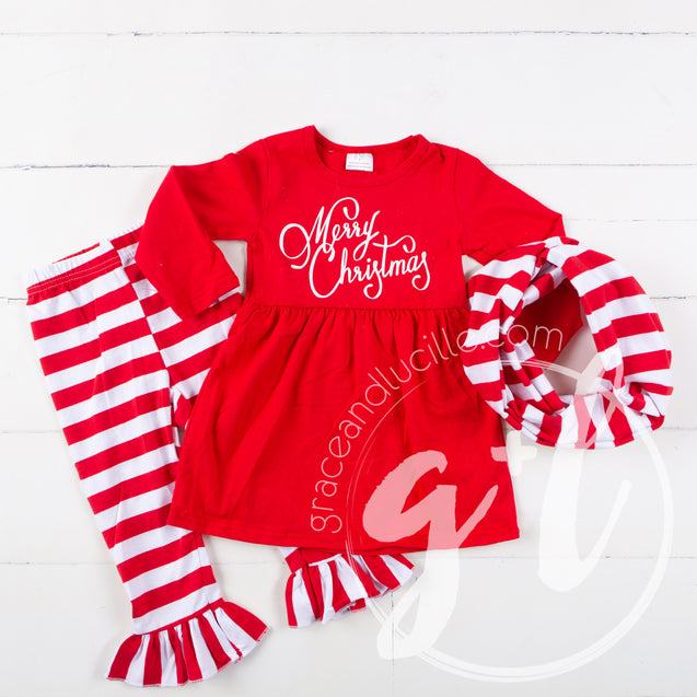 Merry Christmas Red Empire Waist Tunic Dress, Striped Scarf & Leggings Outfit - Grace and Lucille